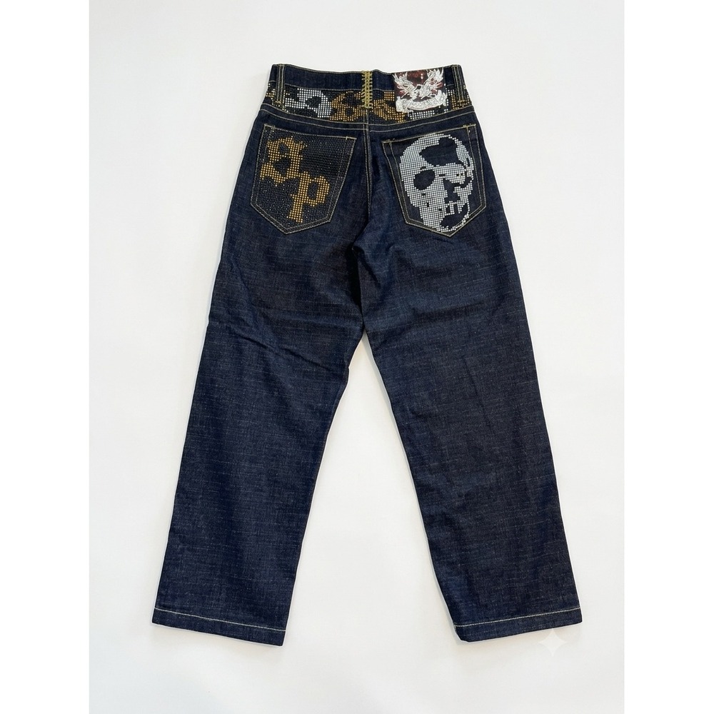 Southpole Baggy Denim Jeans Dark Wash Rhinestone Skull Y2K Streetwear Men 30 VTG